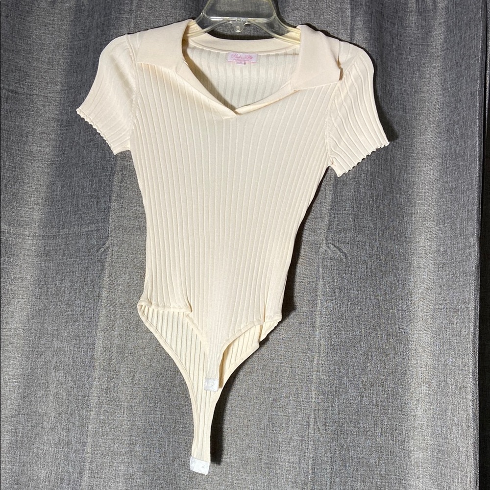 Pink Lily Cream Ribbed Bodysuit